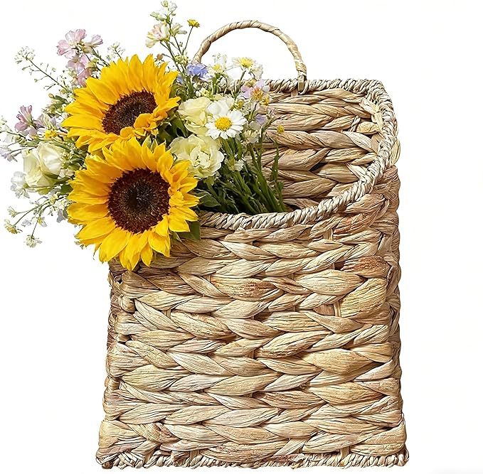 Boho Wall Hanging Basket, Water Hyacinth Woven Basket for Front Door, Flat Back Wall Mounted Entryway Organizer, Storage for Flowers, Plants, Farmhouse, Home Decor