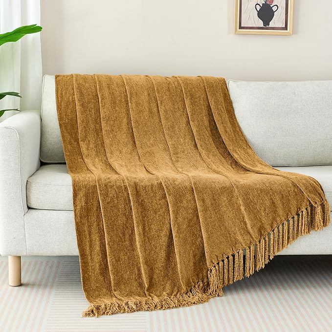 Chenille Throw Blanket for Couch with Tassels,50"X60" Soft Cozy Lightweight Knitted Boho Decorative Blankets for Bed and Sofa,Yellow