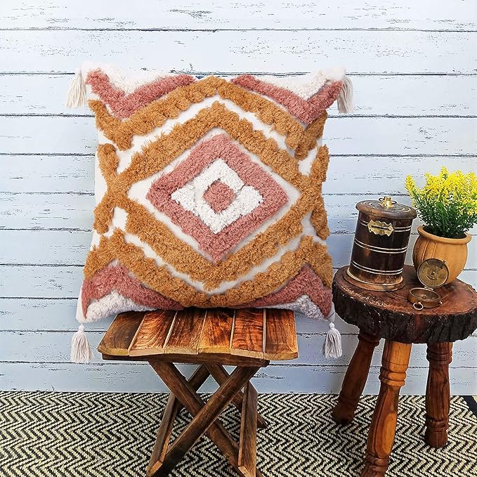 Merrycolor Boho Throw Pillow Covers 20x20 with Tassels, Decorative Pillow Covers Woven Tufted Bohemian Pillow Covers for Couch Sofa Bedroom Living Room