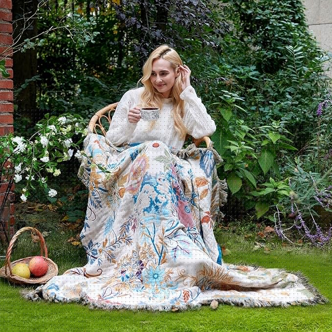 Boho Throw Blanket for Bed Cotton Spring Blankets Twin Size for Bedroom Living Room All Season Lightweight Floral Embroidery Decorative Breathable Quilt for Couch Sofa Chair 60"x80"