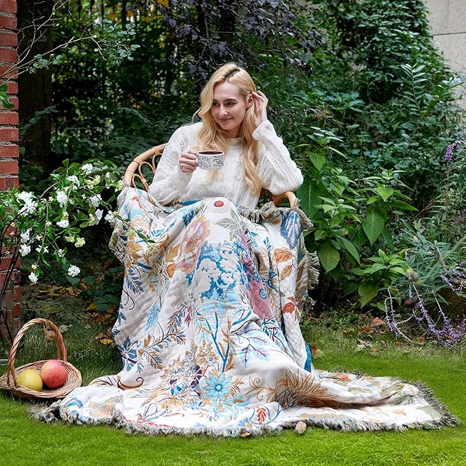 Boho Throw Blanket for Couch Sofa Chair Cotton Spring Blankets for Bedroom Living Room All Season Soft Lightweight Reversible Floral Embroidery Decorative Throws 50"x60" Home Decor