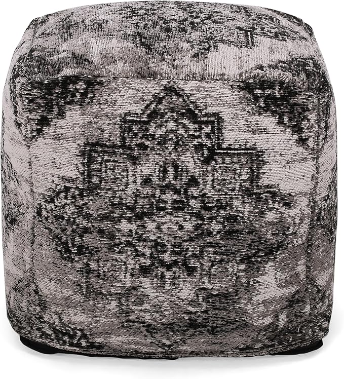 GDFStudio Boho Handmade Fabric Cube Pouf Ottoman Foot Stool - Bean Bag Floor Chair - Foot Rest Couch for Living Room Bedroom,Black and Beige,16"" x 16"" x 16"", 312604N