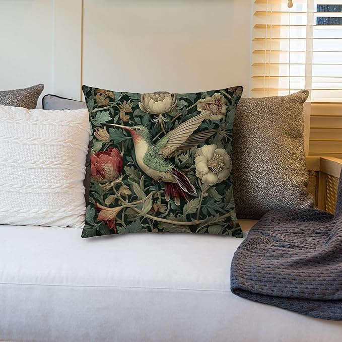 Vintage William Morris Green Hummingbird Pillow Cover 18x18,Rustic Green Hummingbird Bird Animal Floral Botanical Print Decorative Throw Pillow Covers for Home Bedroom Living Room