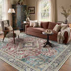 GENIMO 8X10 Washable Vintage Area Rugs for Living Room, Non-Slip Low Pile Chenille Print Rug, Soft Rugs for Bedroom Dining Room Home Office, Indigo & Flush