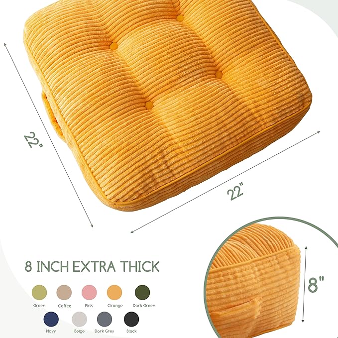 HIGOGOGO 8" Extra Thick Floor Pillow Cushion for Adults, Meditation Cushion Pillow, Large Square Floor Sitting, Tufted Corduroy Cover, for Tatami Living Room or Yoga, 22x22 Inch, Orange
