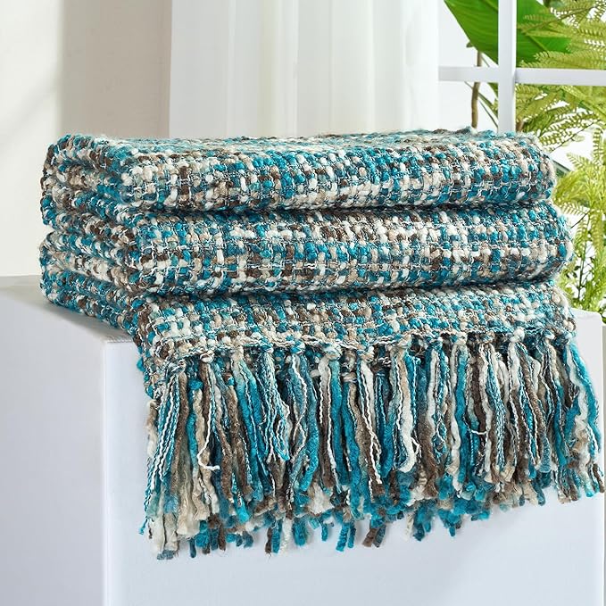 Multi-Color Teal Cable Woven Throw Blanket for Couch,60"X80" Boho Style Textured Blankets for Home Decor,Super Soft Warm Cozy Chunky Blanket with Decorative Tassels for Bed and Sofa