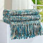 Multi-Color Teal Cable Woven Throw Blanket for Couch,60"X80" Boho Style Textured Blankets for Home Decor,Super Soft Warm Cozy Chunky Blanket with Decorative Tassels for Bed and Sofa