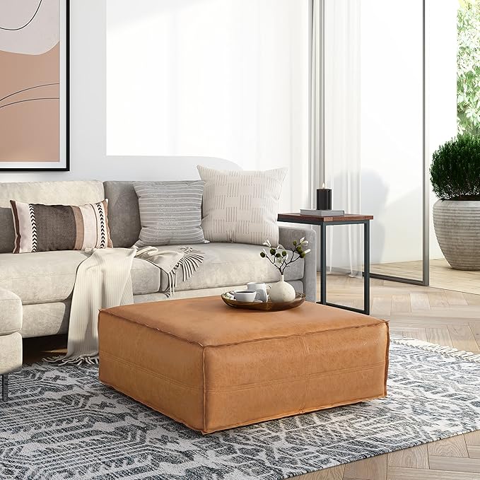 SIMPLIHOME Brody Extra Large Coffee Table Pouf - 36 inch Wide Upholstered Vegan Leather Square Ottoman in Distressed Brown, Boho Footstool, Coffee Table or Extra Seating for Living Room, Assembled