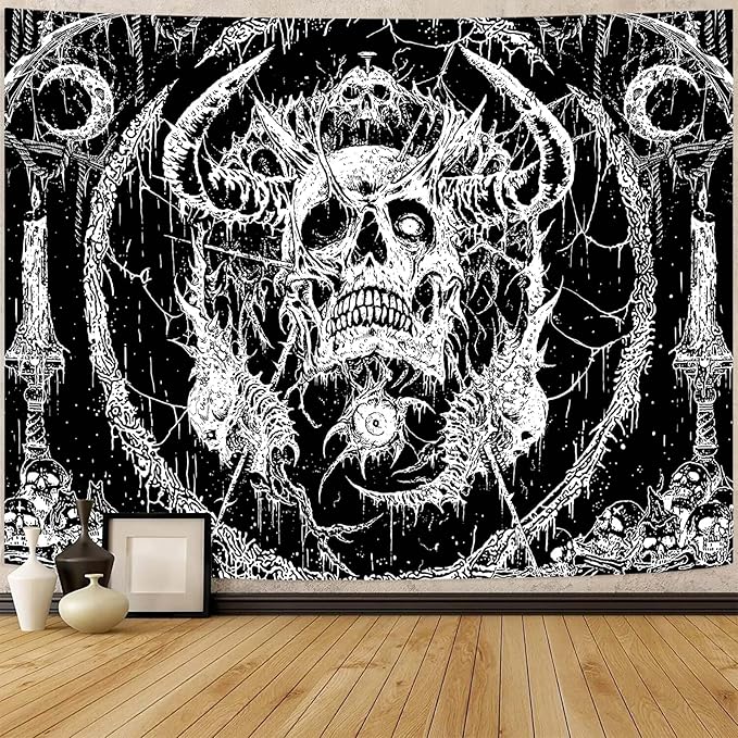 Lifeella Skull Tapestry, Gothic Horror Moon Skeleton Mystic Dark Tapestries for Bedroom Grunge Wall Hanging Black and White 60 x 80 inch