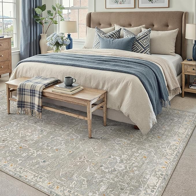 HUGEAR Area Rug 6x9 Retro Grey Machine Washable Living Room Rugs Distressed Vintage Floral Vacuumable Low Pile Carpet Bedroom Office Dining Room Laundry Room Non Slip Soft Lightweight