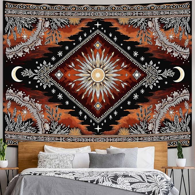 Accnicc Hippie Sun and Moon Tapestry Boho Mandala Floral Wall Tapestry for Bedroom Aesthetic Vintage Plant Celestial Dark Brown Large Tapestries Wall Hanging for Dorm Living Room Decor 80 x 60 Inch