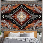 Accnicc Hippie Sun and Moon Tapestry Boho Mandala Floral Wall Tapestry for Bedroom Aesthetic Vintage Plant Celestial Dark Brown Large Tapestries Wall Hanging for Dorm Living Room Decor 80 x 60 Inch