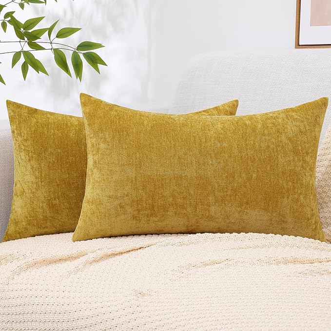 decorUhome Chenille Mineral Yellow Spring Throw Pillow Covers 12x20 Inch Set of 2, Decorative Soft Couch Pillow Covers Solid Dyed Accent Farmhouse Neutral Rectangle Pillow Cases for Sofa