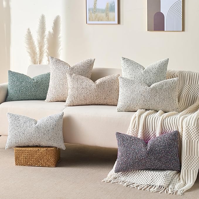 Decorative Couch Throw Pillow Covers 18x18 Green Striped Soft Wool Pillow Covers Neutral Textured Boho Cushion Covers for Modern Farmhouse Sofa Bedroom Living Room Decor SY011-D18