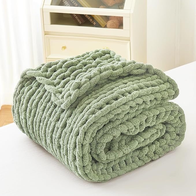 Admitrack Chunky Knit Blanket Throw, 100% Hand Knit Chenille Throw Blanket for Sofa & Home Decor, Soft and Cozy Knitted Throw Blankets (Sage Green, 60"x80")