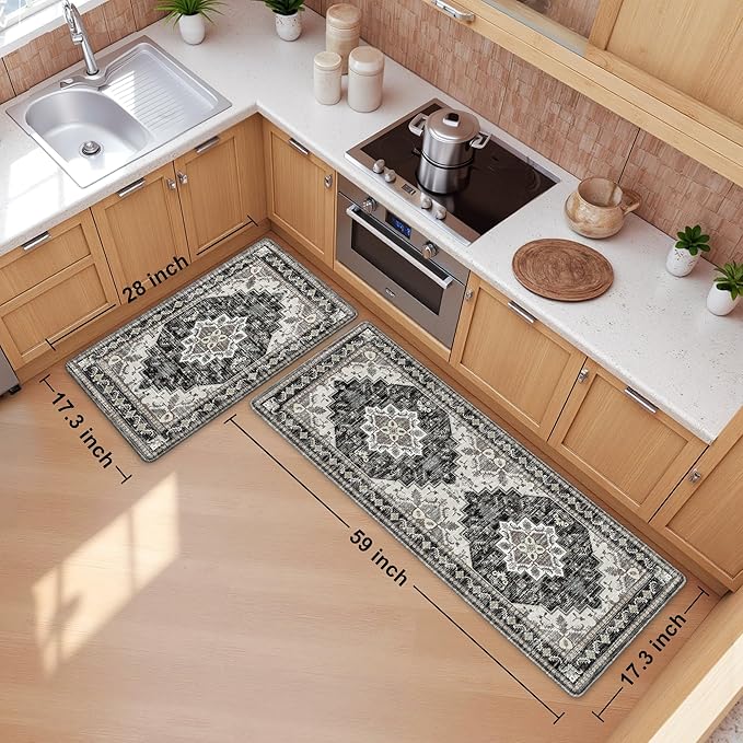 Boho Kitchen Mats for Floor 2 Piece Set Anti Fatigue Cushioned PVC Kitchen Rugs Non Slip Waterproof Farmhouse Mats 2/5 Inch Comfort Standing Mat for Laundry, 17.3"x59"+17.3"x28", Black Brown Grey