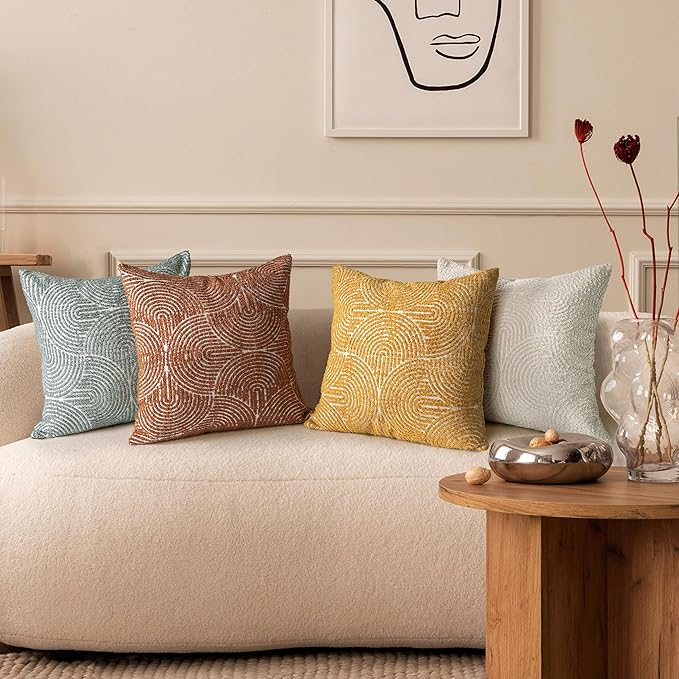AELS Boho Decorative Textured Throw Pillow Covers 20x20, Organic Modern Mid Century Rainbow Tufted Pillow Case, Farmhouse Rustic Geometric Woven Cushion Case for Bed Couch Sofa, Burnt Orange