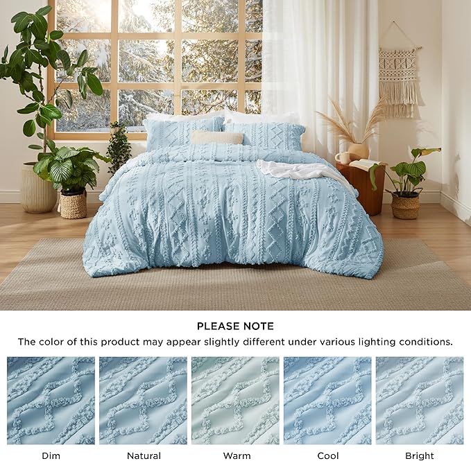 Bedsure Tufted Boho Comforter Set King Size - Light Blue Boho Bed Set, GentleSoft™ 3 Pieces Farmhouse Shabby Chic Embroidery Bedding, Gifts for Woman, Soft Jacquard King Comforter for All Seasons