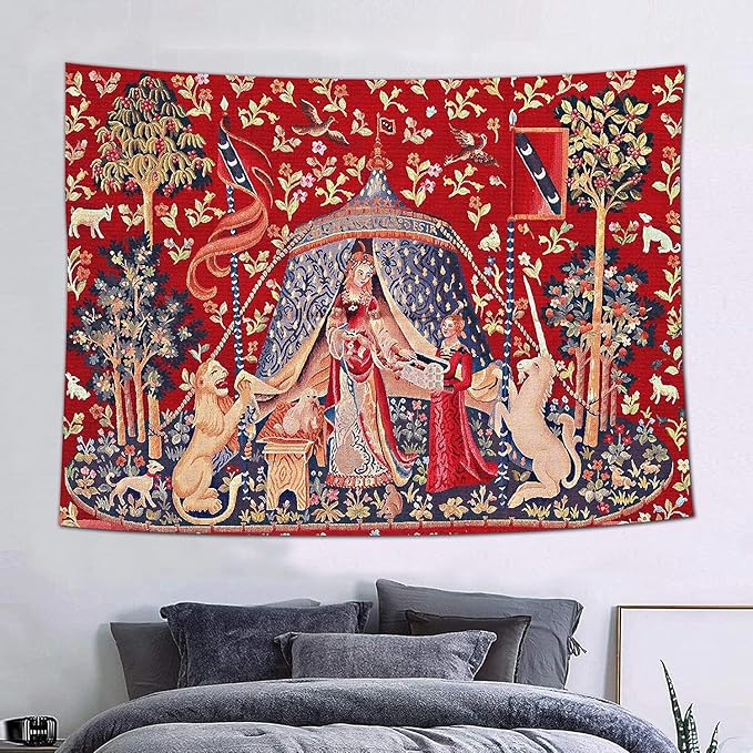 FEASRT European Medieval Royal Tapestry Maiden and Unicorn Tapestry Lady Tapestry, 60x40 Inches Soft Flannelette, for Medieval Art Collection of Decorative Wall Tapestry