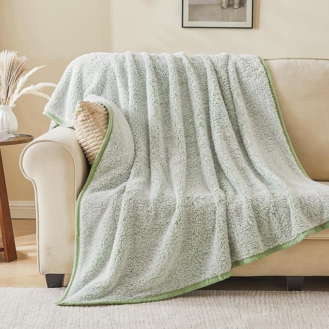 EMME Soft Sherpa Fleece Blanket Reversible Plush Fluffy Large Blanket, Light Weight Warm Decorative Boho Blanket Cover for Sofa, Couch, Bedroom,Travel(Plush Sage,108"x90")
