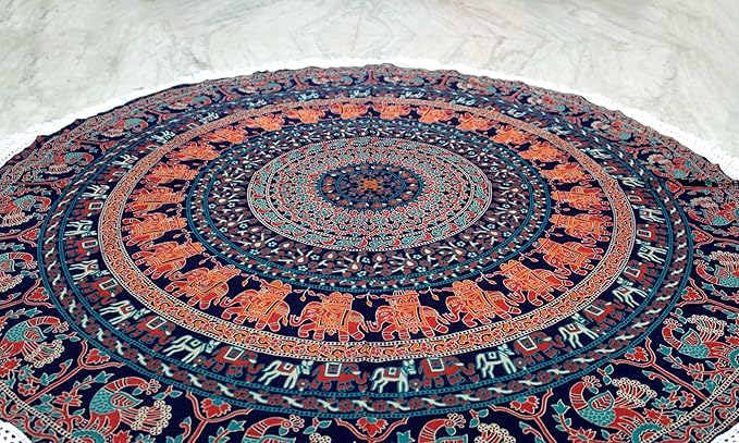 Round Beach Tapestry Turquoise Mandala Throw/Boho Hippie Beach Blanket Roundie/Indian Cotton Bohemian Large Round Table Cloth-Home Decor/Yoga Mat Meditation Picnic Rug (70", Brown)