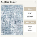 5x8 Area Rugs Blue/Grey Low Pile Indoor Washable Trendy Faded Style Rugs for Bedroom Living Room Dining Room Foldable Non-Slip Thin Print Home Office Mat