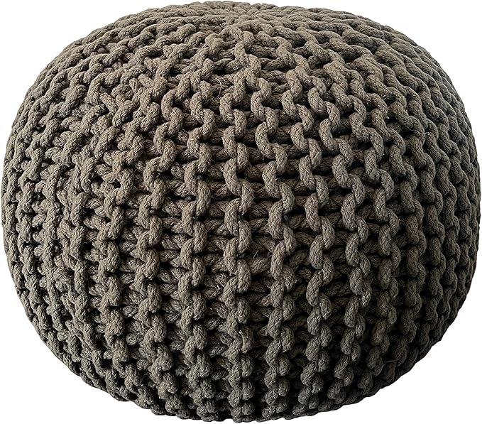 NOORI Rug Home - 100% Handmade & Handcrafted Premium Cotton Round Knitted Cable Style Pouf Foot Stool Ottoman Bean Bag Chair - Small Furniture - Sage, 17x17x14 (S119)