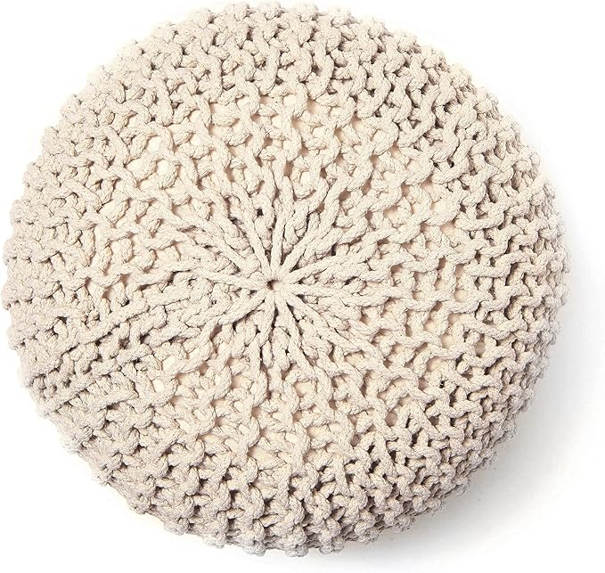 REDEARTH · Round Pouf Ottoman - Cable Knitted Boho Poof - Home Décor Cord Pouffe Handmade Circular Footrest for Living Room - Bedroom - Kids Bedroom - 100% Cotton Pouf (18" x 18" x 14") - Ivory