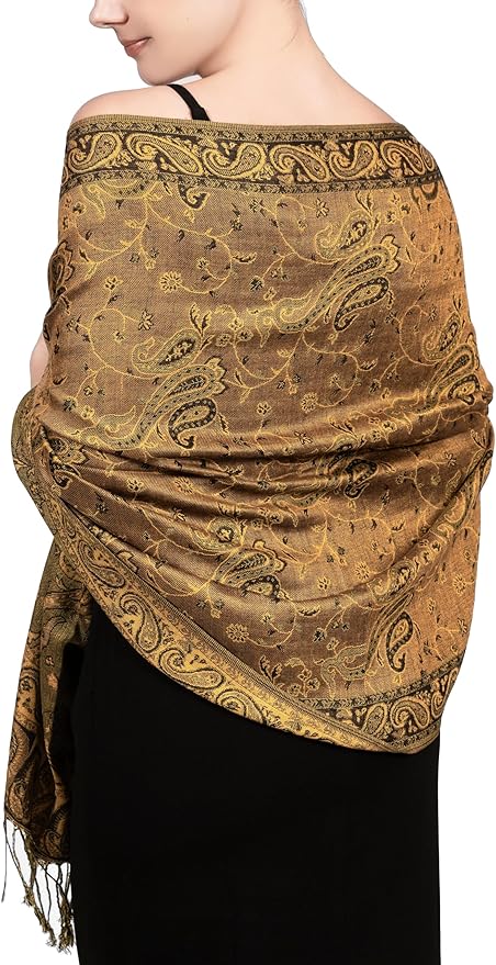Achillea Reversible Paisley Pashmina Rave Scarf – Exotic Indian Shawls and Wraps for Evening Dresses, Festivals, All Seasons