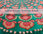 Turquoise Round Velvet Pouf Cover - Soft Embroidered Ottoman Slipcover with Moroccan Design, 24 Inch Diameter, Ideal for Living Room, Bedroom, or Meditation Space -Decorative Floow Pillow Cushion