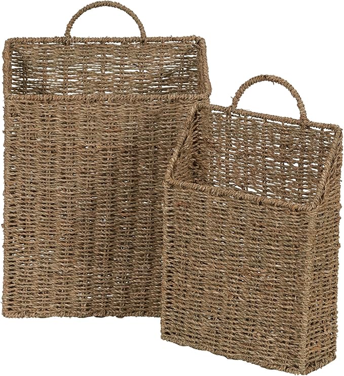 Rectangular Wicker Hanging Baskets, Set of 2, Small and Large, Handwoven Seagrass, Durable Metal Wire Frame, Multipurpose and Contemporary, Perfect for Organizing Newspapers, Mail and More, Natural