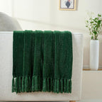 Chenille Throw Blanket for Couch with Tassels,50"X60" Soft Cozy Lightweight Knitted Boho Decorative Blankets for Bed and Sofa,Dark Green