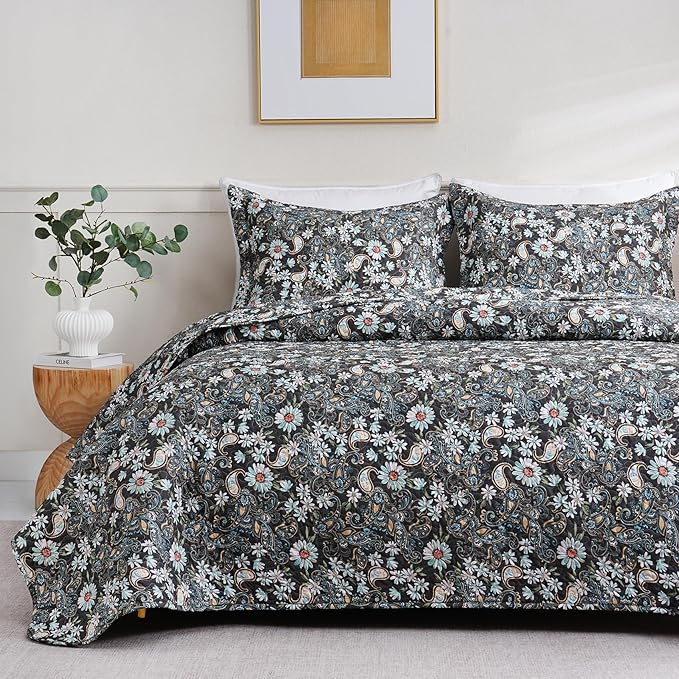 JSD Black Paisley Floral Quilt Set Twin Size, 2 Piece Printed Bedspreads Coverlet with Pillow Sham, Soft Microfiber Quilted Blanket
