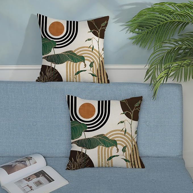 Boho Brown Pillow Covers 18x18 Set of 2 Green Gold Leaf Tropical Mid Century Throw Pillows Outdoor Bohemian Decorative Pillow Cases Modern Abstract Linen Cushion Case for Couch Sofa Decor