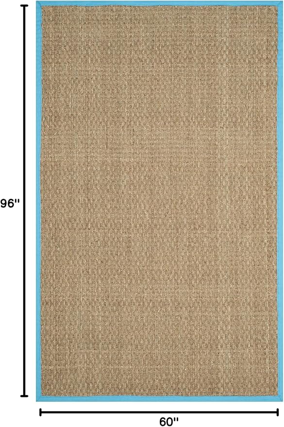 SAFAVIEH Area Rug 5x8 - Natural Fiber Collection - Natural & Turquoise, Seagrass, Basketweave Pattern with Border (NF114S)