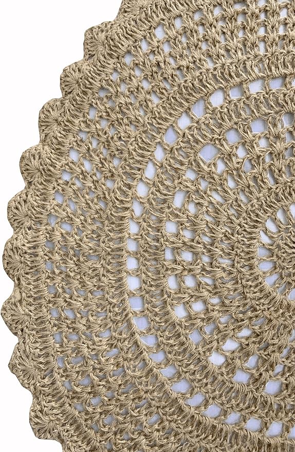 Jute Hand Crochet Rug, Natural - 3 Feet Round, Non Slip Decorative Small Area Rugs for Bedroom, Kitchen, Living Room, Nursery | Farmhouse Accent Scalloped Rustic Door Mat for Patio Décor