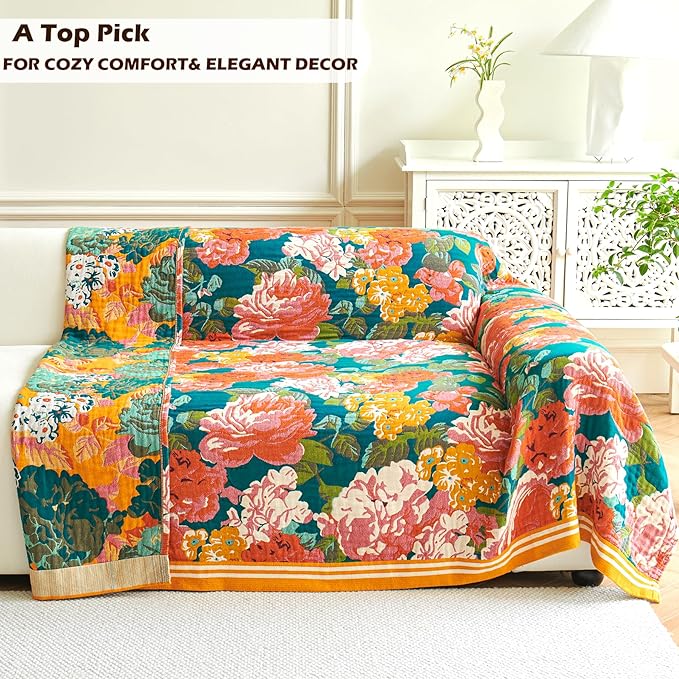 Boho Throw Blanket, 100% Organic Cotton Breathable Ultra Soft 80" x 90" Bed Quilt Throw - All Season Floral Rustic Farmhouse Decor Luxury Reversible Blanket for Sofa Couch Chair and Gift