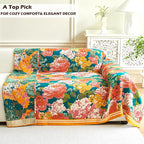 Boho Throw Blanket, 100% Organic Cotton Breathable Ultra Soft 80" x 90" Bed Quilt Throw - All Season Floral Rustic Farmhouse Decor Luxury Reversible Blanket for Sofa Couch Chair and Gift