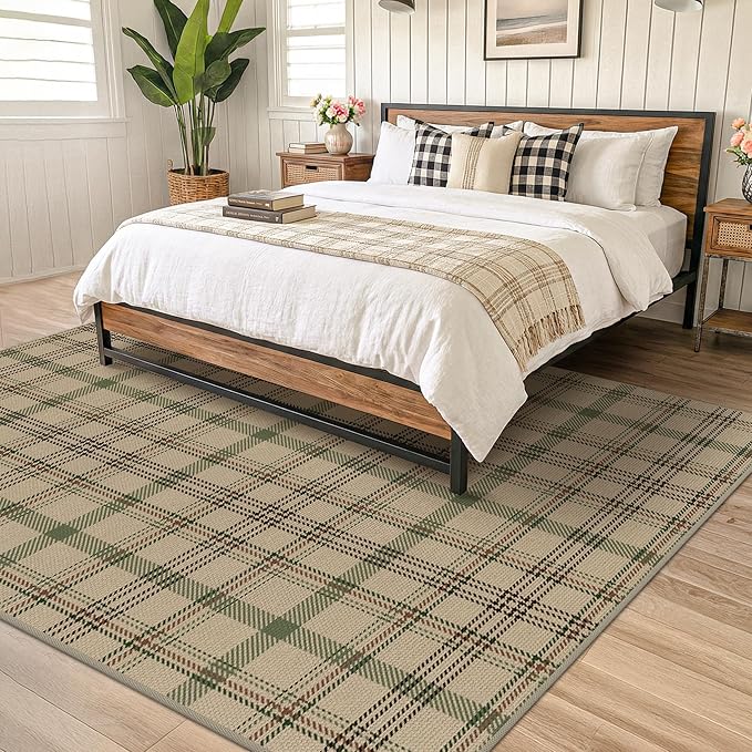 JTJ Easy Jute Green Plaid Rug 6x9 for Living Room, Washable Modern Farmhouse Area Rugs for Bedroom Aesthetic, Dining Room, Patio, Sage Tan Woven Tartan Design, Non Skid, Easy Clean Viral Jute No Shed