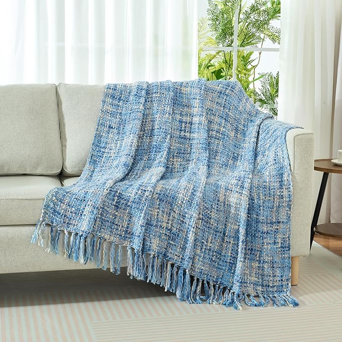 Multi-Color Light Blue Cable Woven Throw Blanket for Couch,50"X60" Boho Style Textured Blankets for Home Decor,Super Soft Warm Cozy Chunky Blanket with Decorative Tassels for Bed