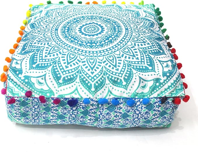 CRAFT KALA Green Ombre Large Hippie Mandala Meditation Floor Ottoman Pillow Cushion Pouf Cover Square Poufs Bohemian Circle Floor Cushion Case Outdoor Fireplace Yoga Living Room Decor Cover 18" Square