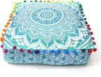 CRAFT KALA Green Ombre Large Hippie Mandala Meditation Floor Ottoman Pillow Cushion Pouf Cover Square Poufs Bohemian Circle Floor Cushion Case Outdoor Fireplace Yoga Living Room Decor Cover 16" Square