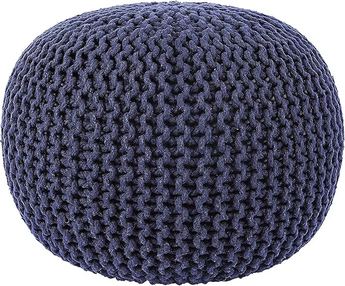 REDEARTH · Round Pouf Foot Stool Bean Bag Ottoman - Cable Knitted Cord Boho Pouffe - Poof Accent Bean Bag - Handmade by Artisans for Living Room - Bedroom (19.5"x19.5"x14") - Navy Blue, Set of 2