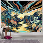 Dermijer Blacklight Forest Mountain Tapestry Sun Tapestry UV Reactive Retro Landscape Tapestries Black Light Watercolor Flower Trees Wall Art Tapestries Wall Hanging for Home Decor 52.4L x 39.4W
