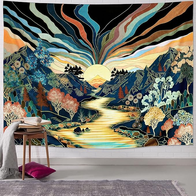 Dermijer Blacklight Forest Mountain Tapestry Sun Tapestry UV Reactive Retro Landscape Tapestries Black Light Watercolor Flower Trees Wall Art Tapestries Wall Hanging for Home Decor 92.5L x 70.8W