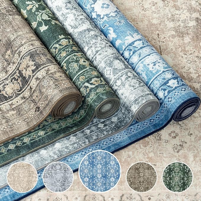Lessymo 5x7 Area Rugs for Living Room, Machine Washable Non Slip Rug, Soft Low Pile Carpet for Bedroom Dining Home Office, Vintage Blue/White Distressed Floral Floor Mat