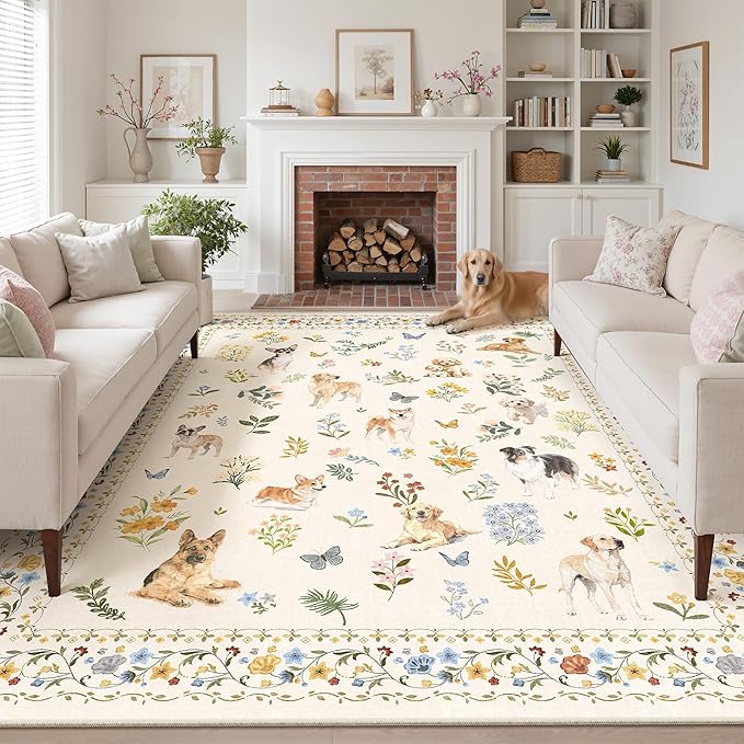 Dog 8x10 Area Rugs for Living Room, Machine Washable Animal Floral Vintage Rug Non-Slip Low Pile Soft Throw Large Rugs for Bedroom Dining Room Kitchen Nursery Playroom (8 x 10,Beige)