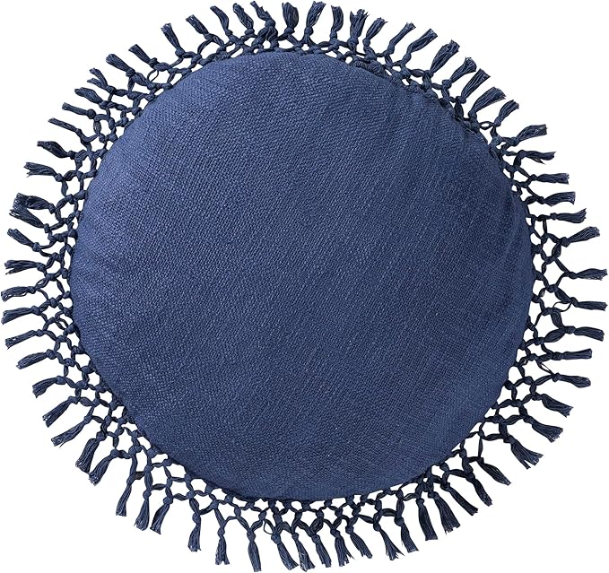 Indigo Ink - Decorative Throw Pillows for Couch or Bed, Boho Home Décor Round Cotton 20" x 20" Pillow with Tassels (Tufted Medallion Collection, Navy Blue)