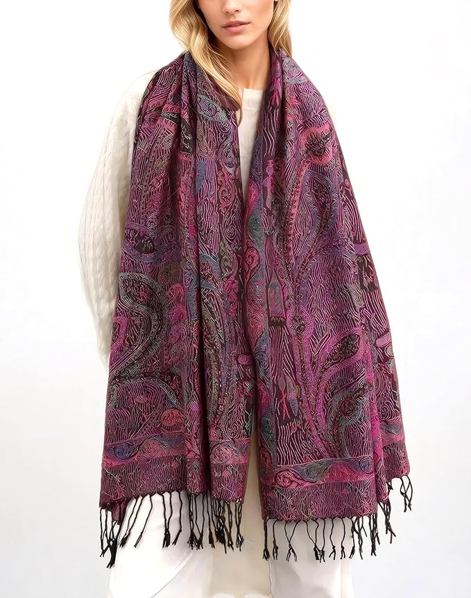 Achillea Reversible Paisley Pashmina Rave Scarf – Exotic Indian Shawls and Wraps for Evening Dresses, Festivals, All Seasons