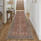 HUGEAR 2x10 Runner Rug Hallway Vintage Brick Red Machine Washable Retro Floral Low Pile Carpet Vacuumable Distressed Long Throw Rug Bedroom Office Bathroom Kitchen Laundry Non Slip Soft Lightweight